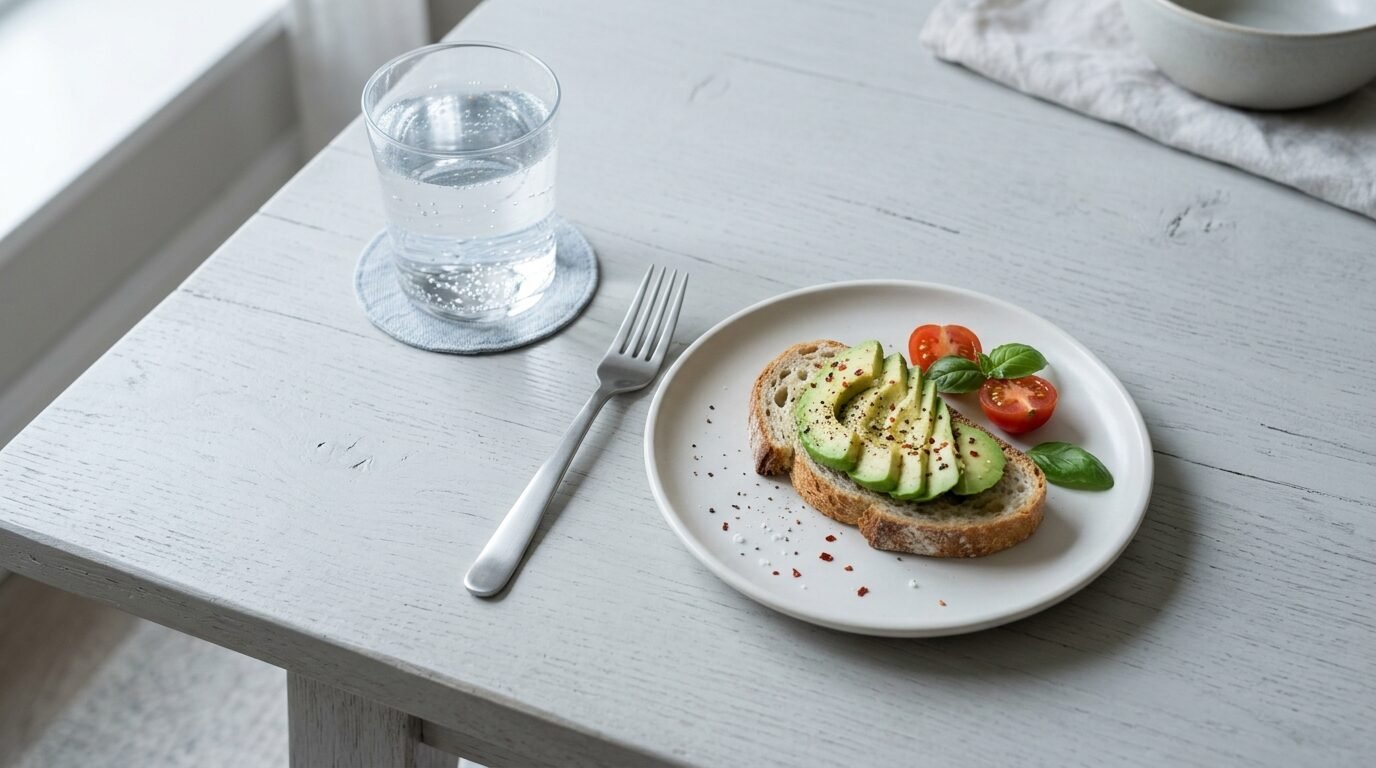 A simple meal setting with a full glass of water