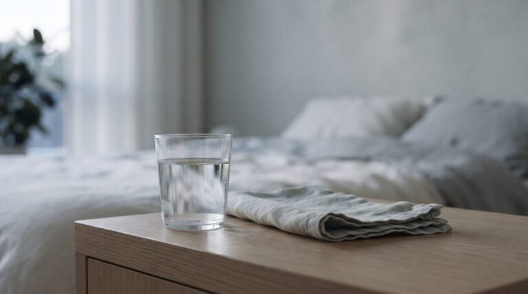 A glass of water on a bedside table in soft evening light
