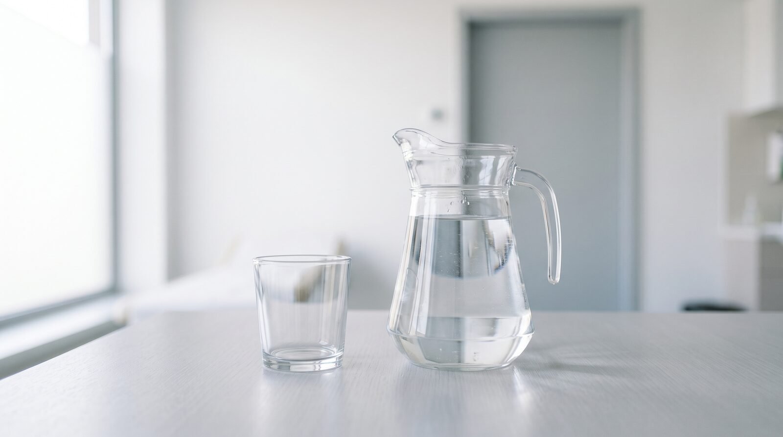 A jug of water and an empty tumbler on a plain table