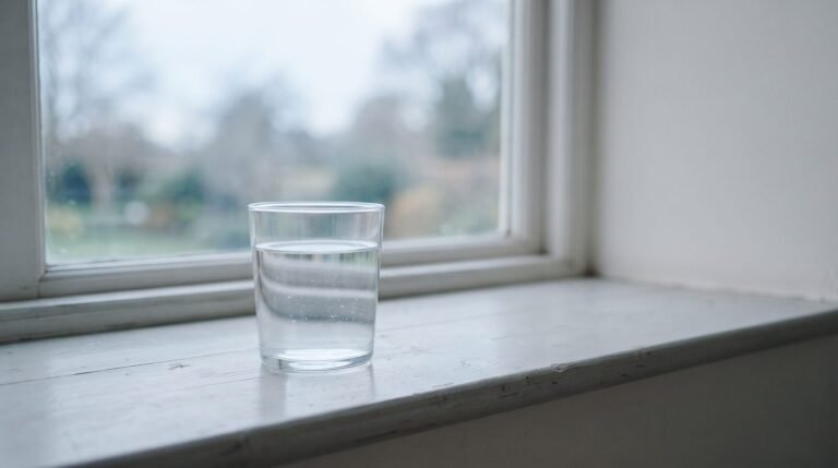A glass of water on a windowsill in quiet grey daylight