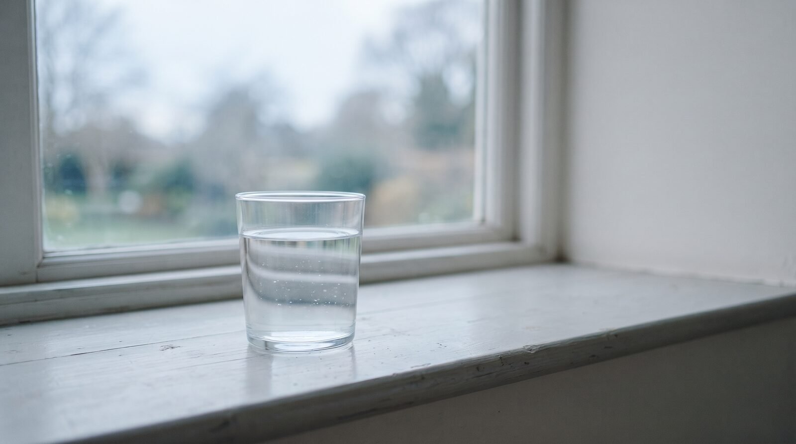 A glass of water on a windowsill in quiet grey daylight