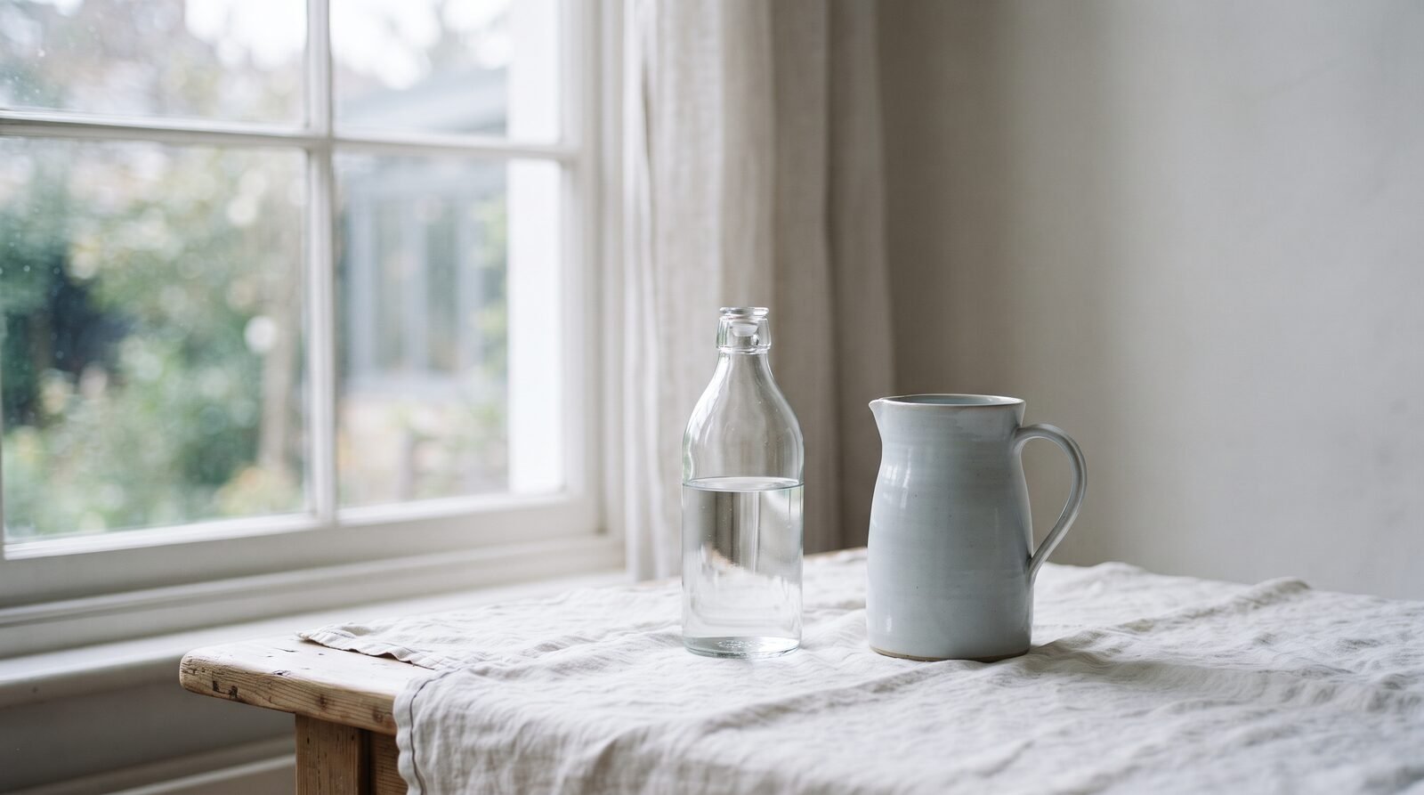 A glass bottle and ceramic jug of water on a linen cloth
