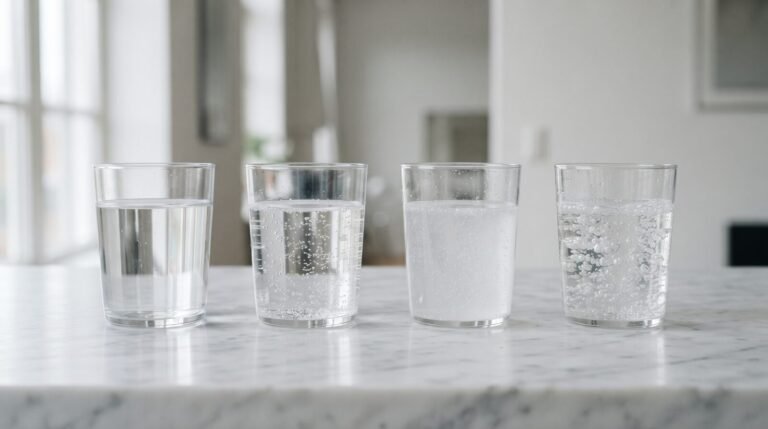 Four glasses of water arranged for comparison