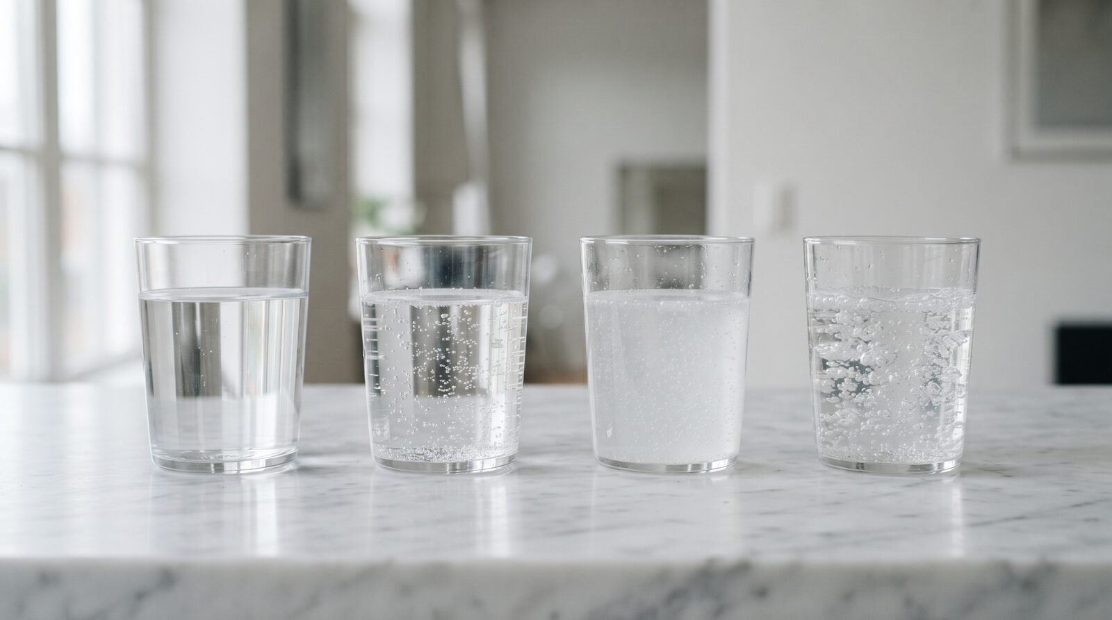 Four glasses of water arranged for comparison