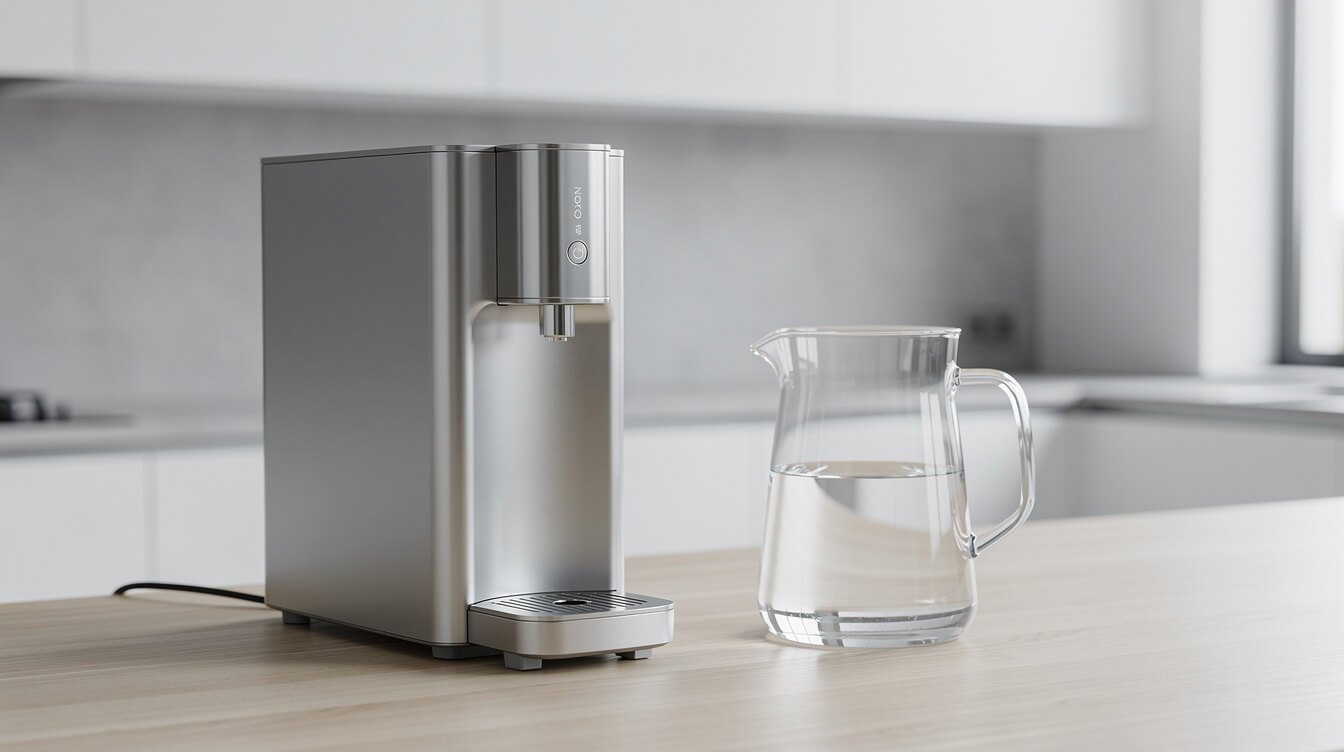 a countertop water ionizer beside a simple glass pitcher