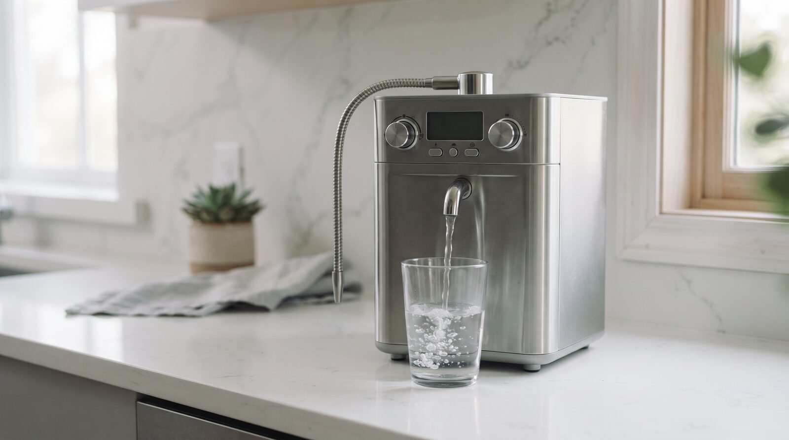 A water ionizer filling a glass at a kitchen counter