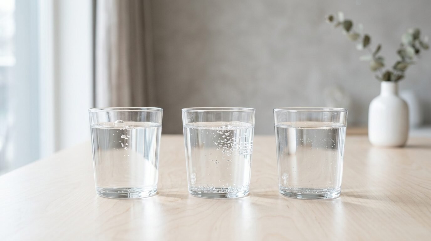 Three glasses of water side by side for comparison