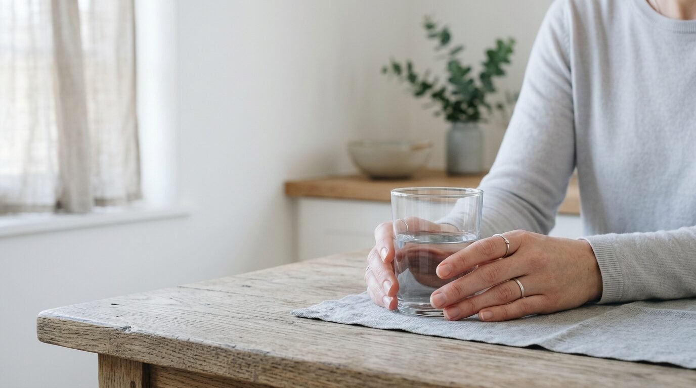 Hands resting around a glass of water at a kitchen table