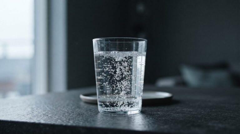A glass of water with fine bubbles rising through it