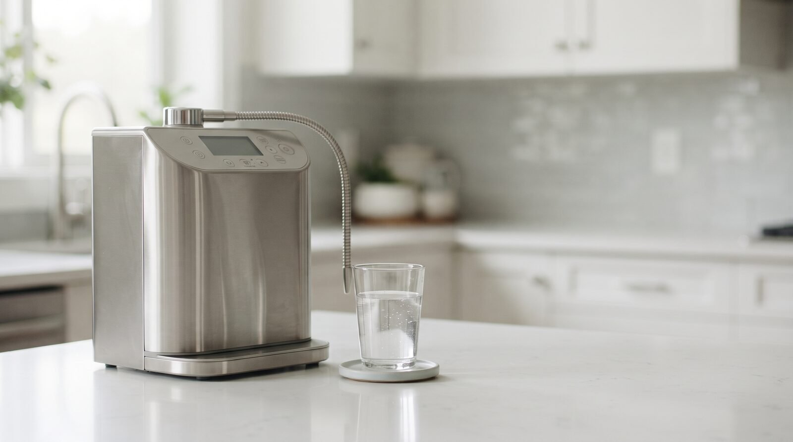 A countertop water ionizer next to a glass of water