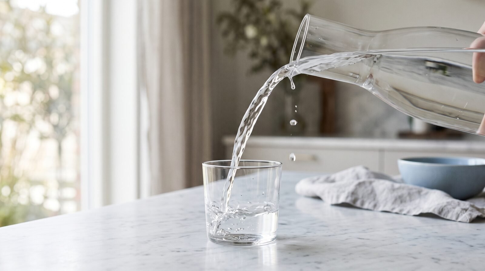 Water being poured from a carafe into a glass