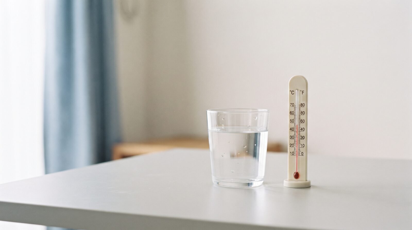 A glass of water on a desk beside a simple instrument
