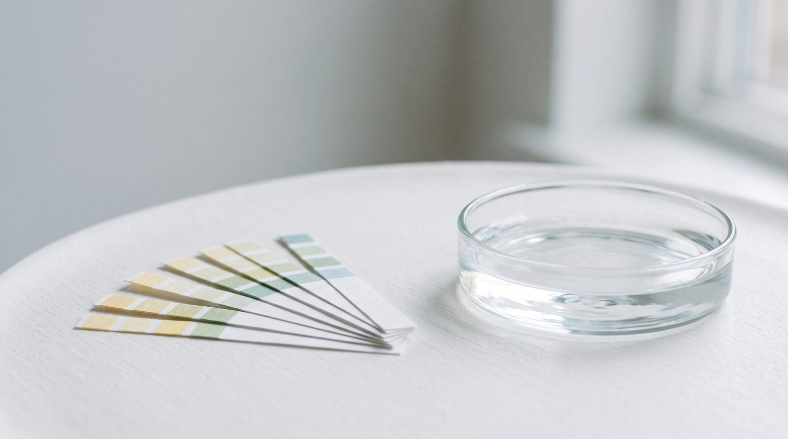 pH test strips beside a small dish of water