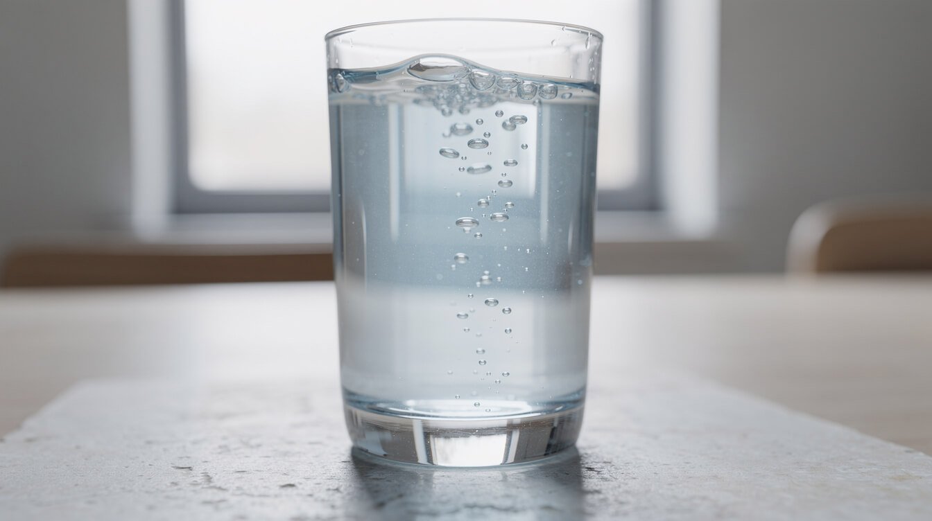 Fine gas bubbles rising through water in a clear glass