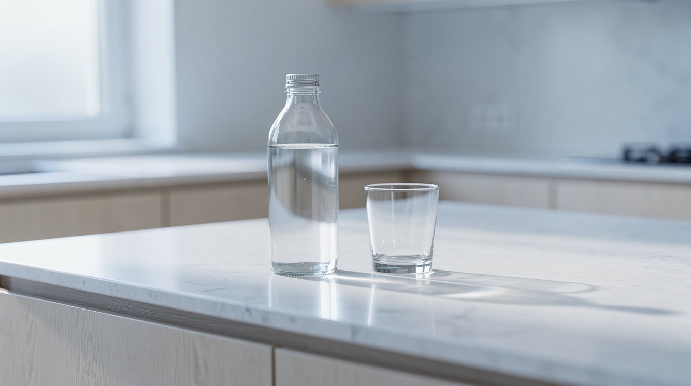 A clear water bottle and glass on a pale kitchen counter