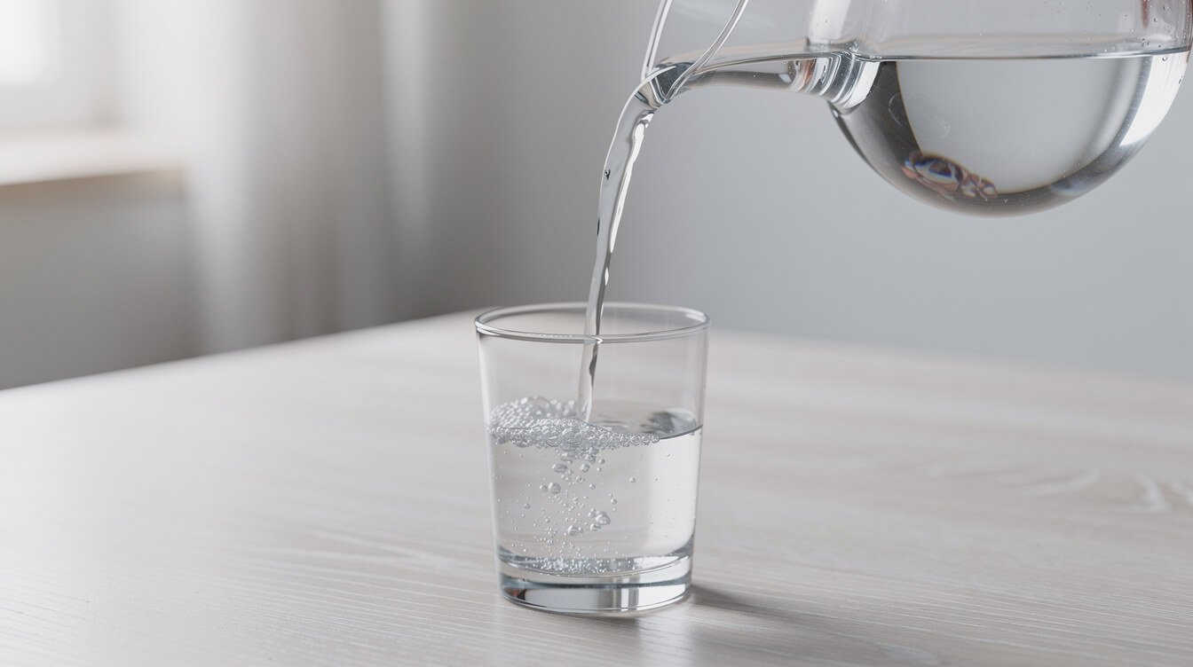 Water poured from a glass carafe into a tumbler