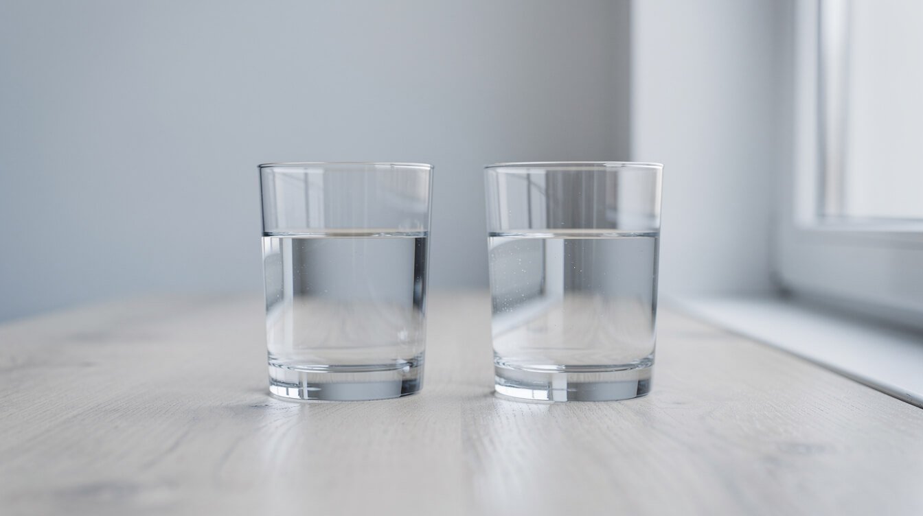 Two glasses of water side by side comparing mineral and electrolytic alkalinity
