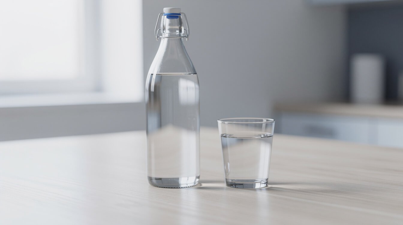 A plain unlabeled glass bottle of water beside an empty tumbler