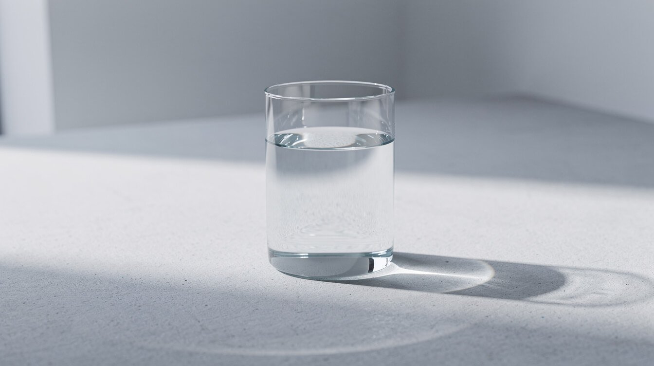 A single glass of water on a pale surface in sidelight